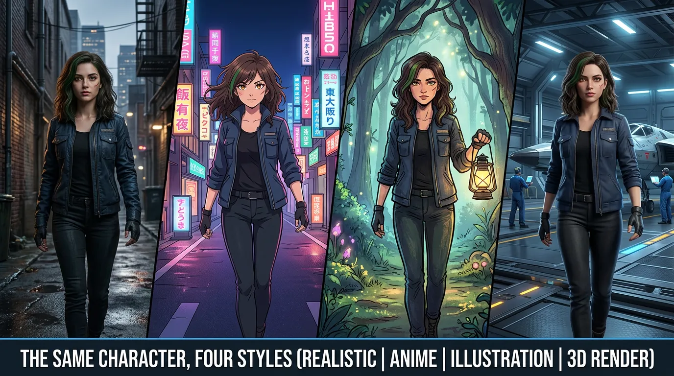 1. 角色风格转换
适用：角色插画、IP创作、动漫人物
功能：保持人物结构，快速切换不同艺术风格（写实 / 二次元 / 插画 / 3D）